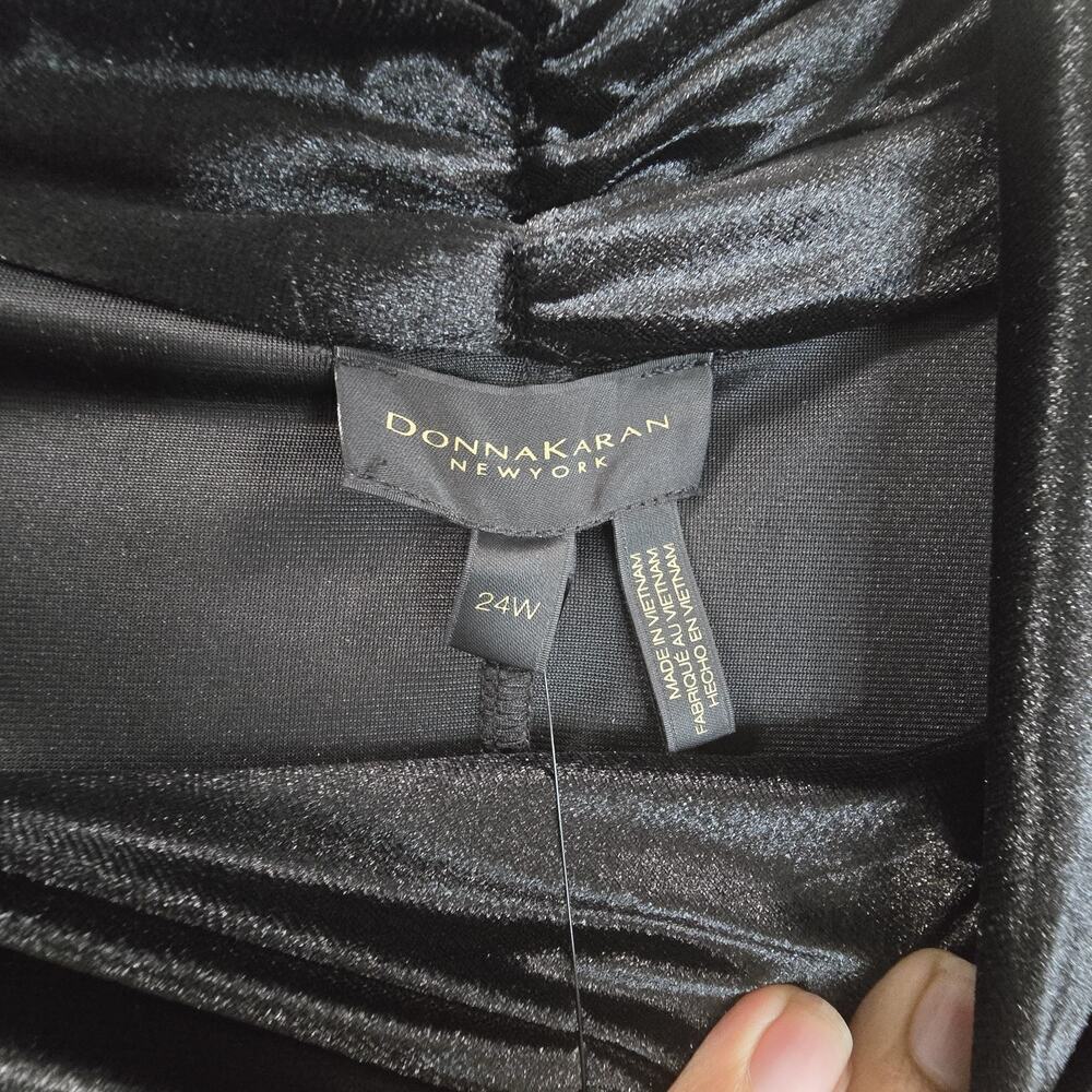 Donna Karan Plus Size 24W Black Satin Velvet Ruched Midi Dress Long Sleeve Party - Picture 9 of 14